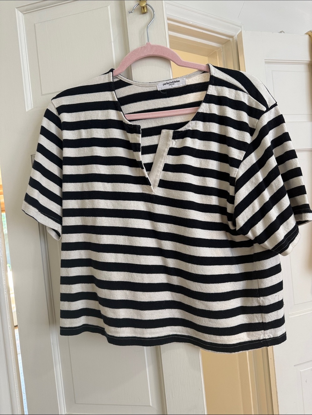 perfectwhitetee Black and White Striped Notch-Neck Short Sleeve Top